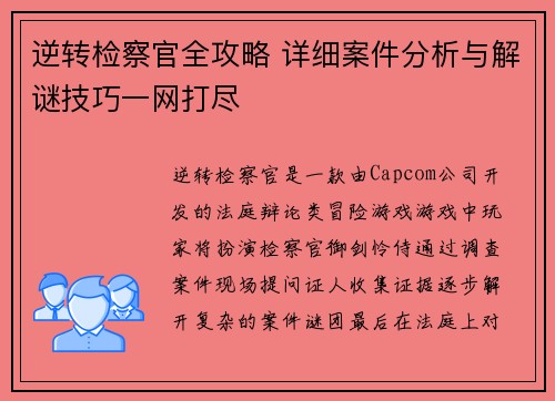 逆转检察官全攻略 详细案件分析与解谜技巧一网打尽